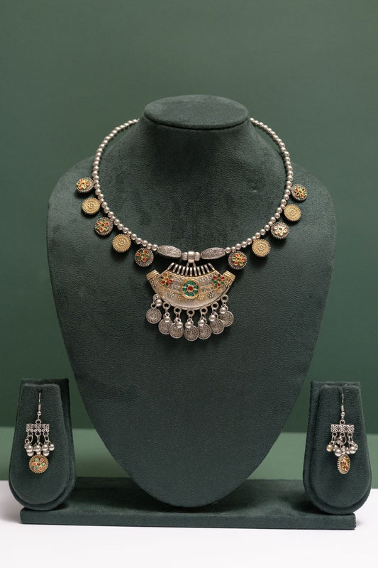 Oxodised Two Tone Tribal Coin Pendant Necklace Set