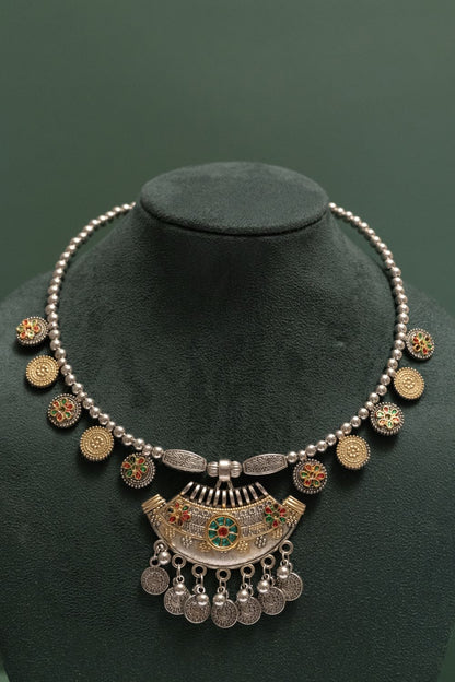 Oxodised Two Tone Tribal Coin Pendant Necklace Set