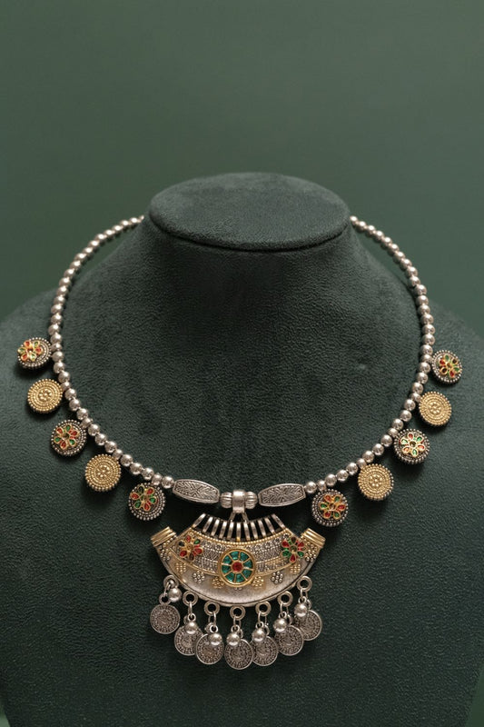 Oxodised Two Tone Tribal Coin Pendant Necklace Set