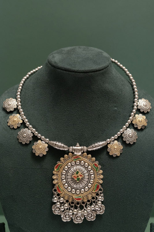 Oxodise Two Tone Floral Paisley Necklace with Dangling Roses