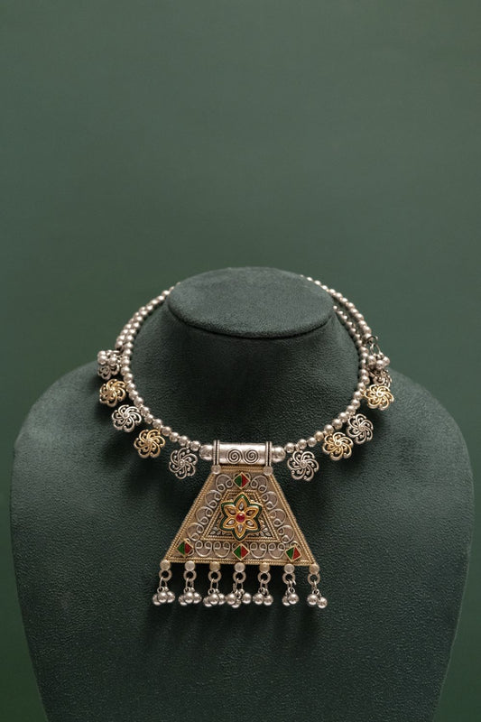 Oxodise Two Tone Triangle Floral Necklace With Hanging Beads