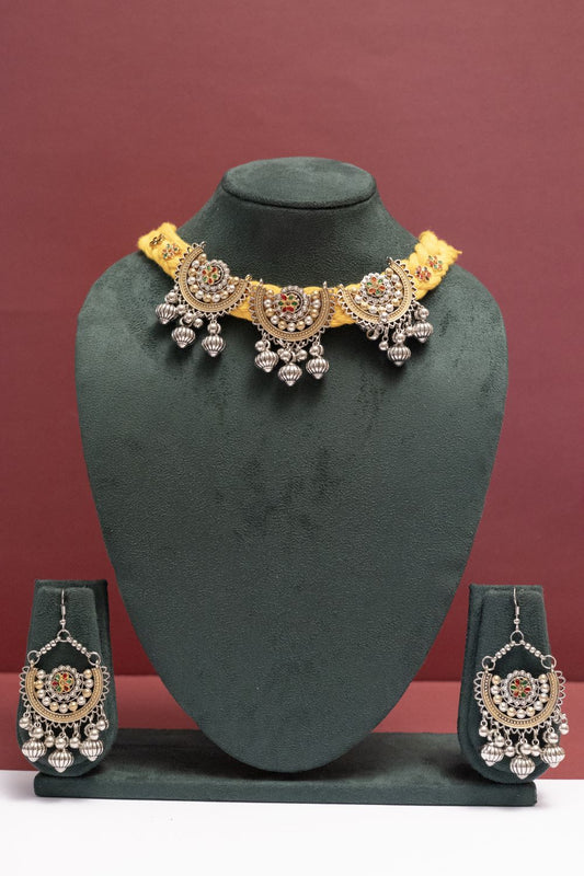Multicolor Oxodise Two Tone Choker Necklace with Dangling Bells