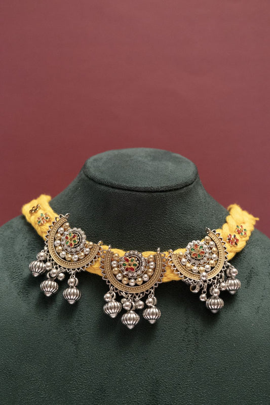 Multicolor Oxodise Two Tone Choker Necklace with Dangling Bells