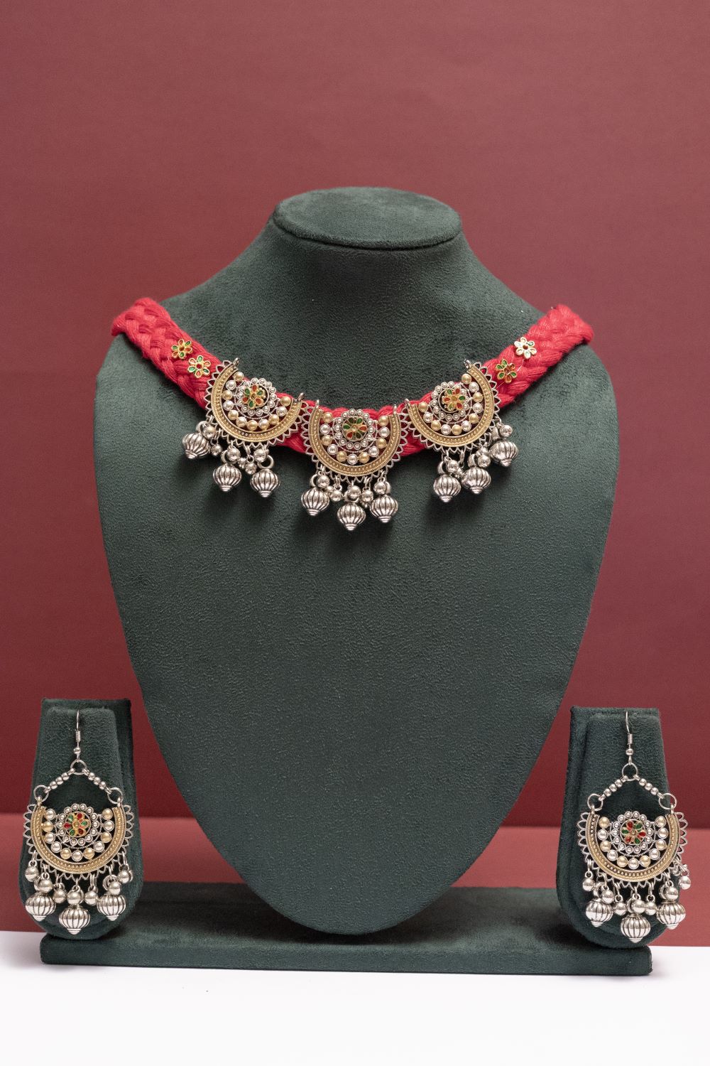 Multicolor Oxodise Two Tone Choker Necklace with Dangling Bells