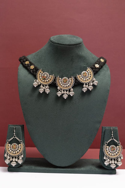 Multicolor Oxodise Two Tone Choker Necklace with Dangling Bells