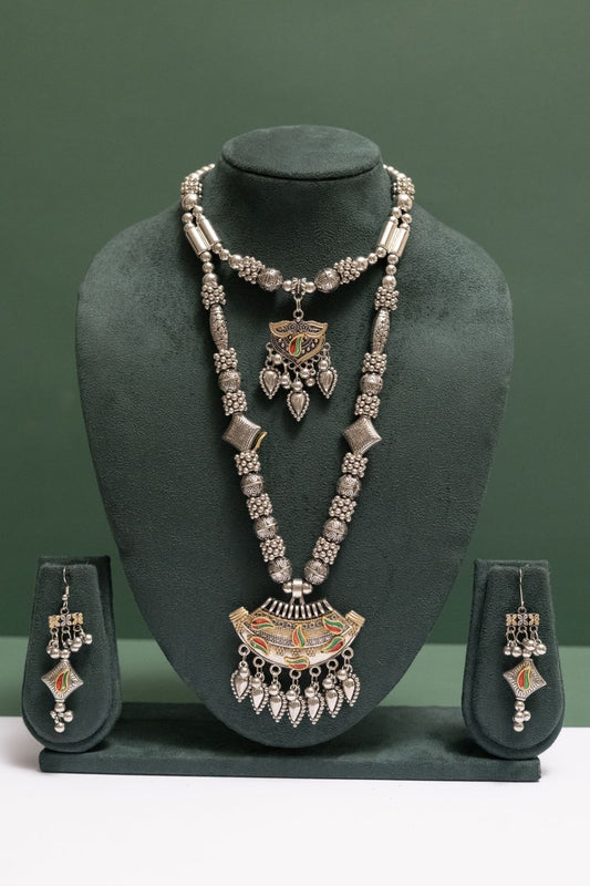 Oxodise Two Tone Paisley Theme Necklace with Dangling Leaf Drops