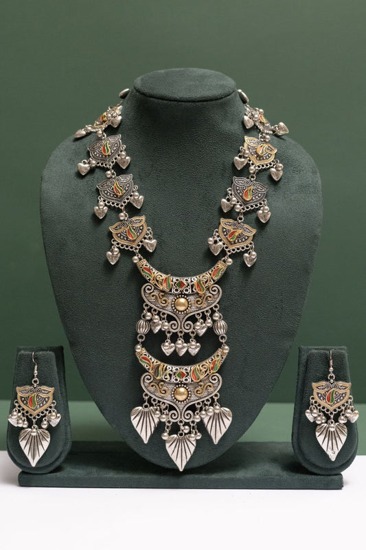 Oxodise Two Tone Ethnic Fan Design Necklace with Leaf Charms
