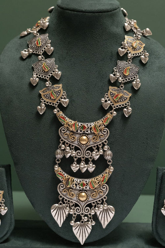 Oxodise Two Tone Ethnic Fan Design Necklace with Leaf Charms