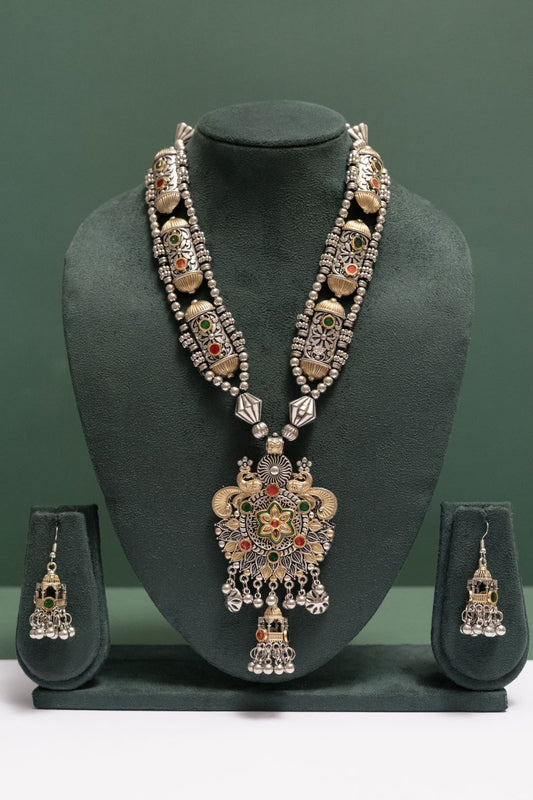 Oxodise Two Tone Twin Peacock Pendant Necklace with Jhumkas