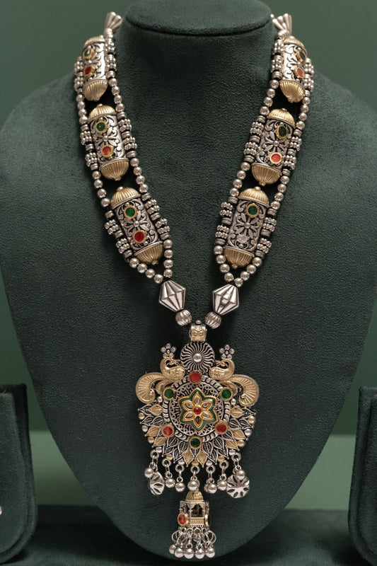 Oxodise Two Tone Twin Peacock Pendant Necklace with Jhumkas