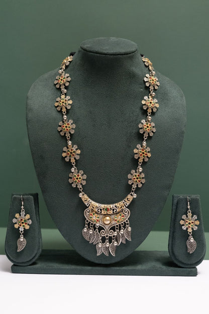 Oxodise Two Tone Floral Necklace with Dangling Leaf Drops