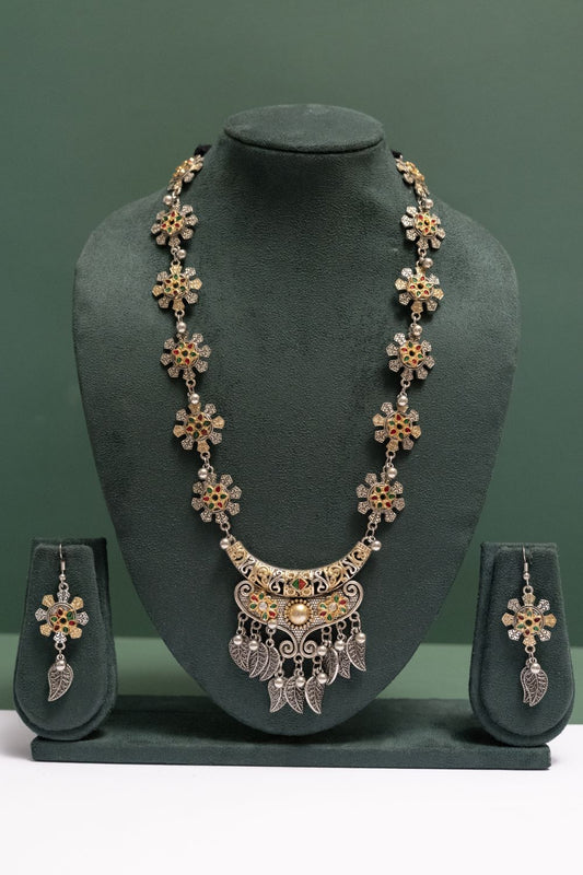 Oxodise Two Tone Floral Necklace with Dangling Leaf Drops