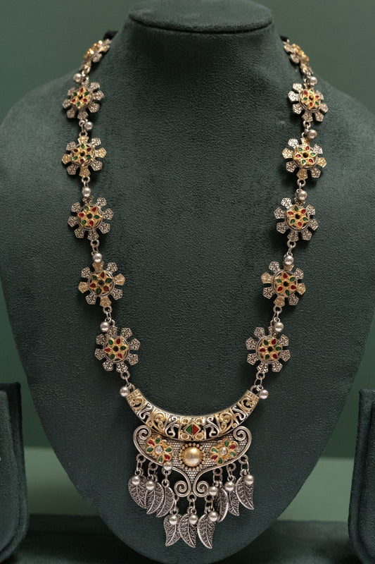 Oxodise Two Tone Floral Necklace with Dangling Leaf Drops