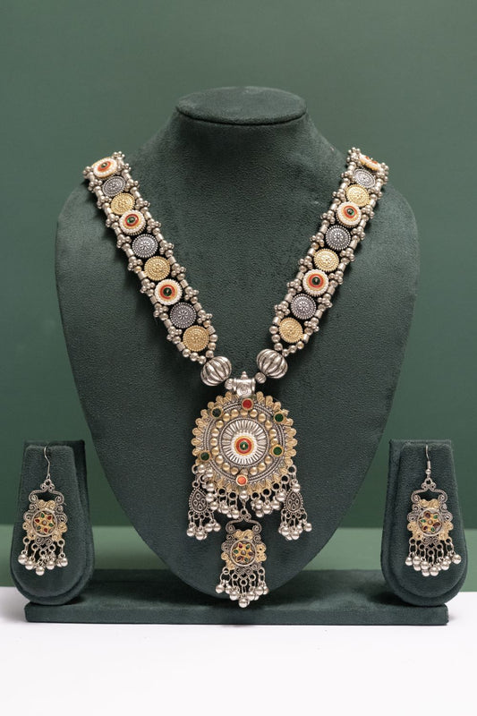 Oxodise Two Tone Mandala Necklace with Round Charm & Bells