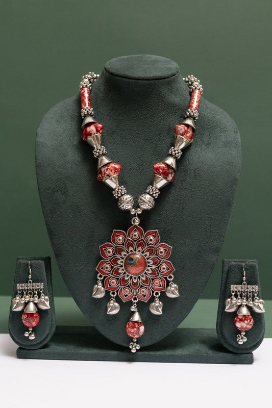 Oxodise Lotus Theme Pendant Necklace with Leaf Drops