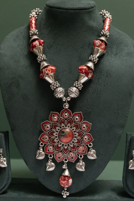 Oxodise Lotus Theme Pendant Necklace with Leaf Drops