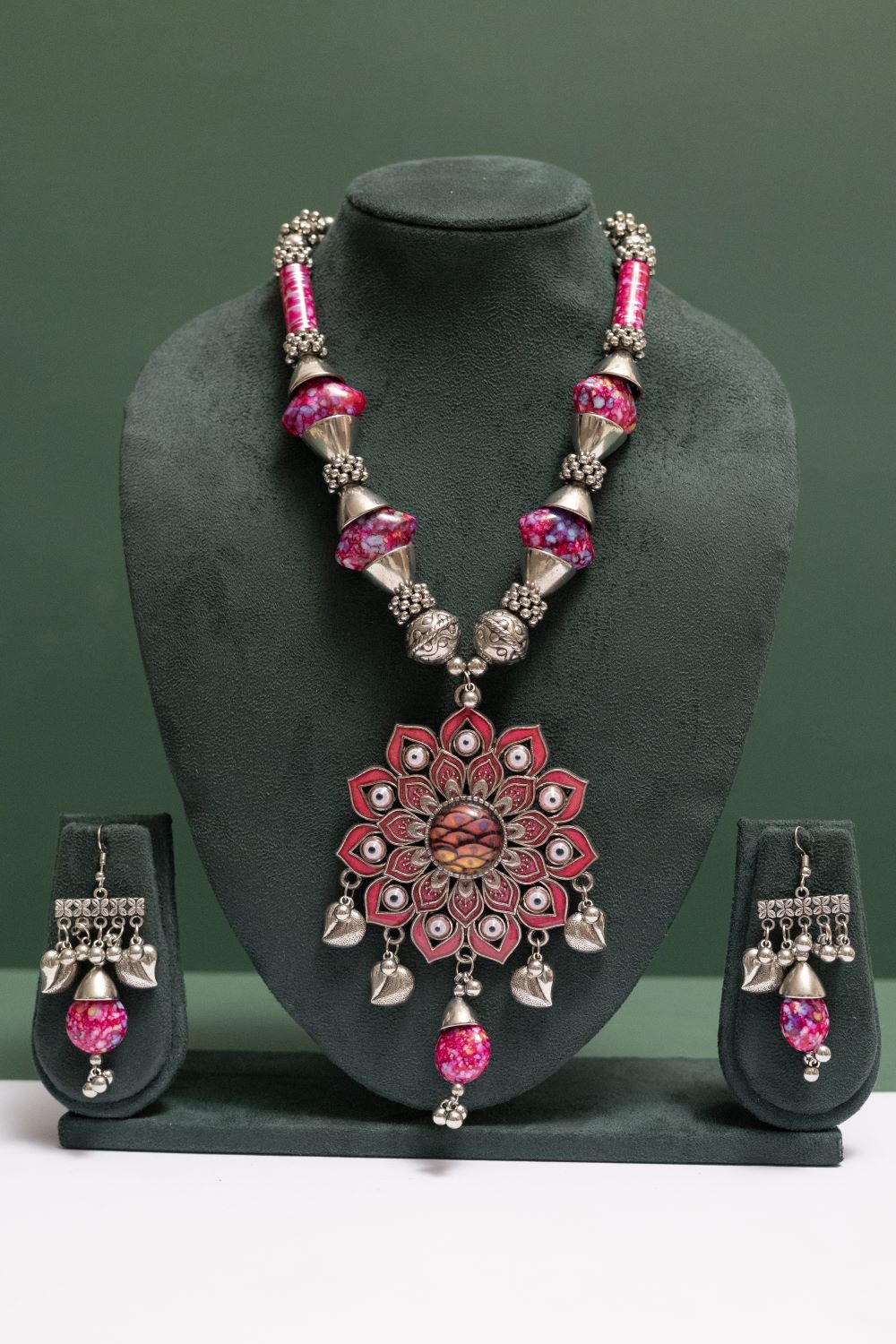 Oxodise Lotus Theme Pendant Necklace with Leaf Drops