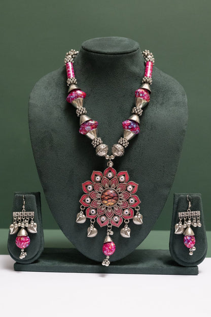 Oxodise Lotus Theme Pendant Necklace with Leaf Drops