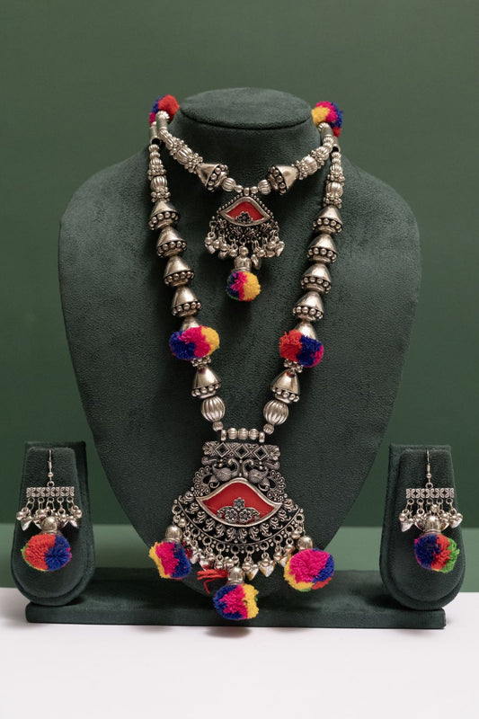 Oxodise Bell Chain Necklace with Dangling Pom Poms