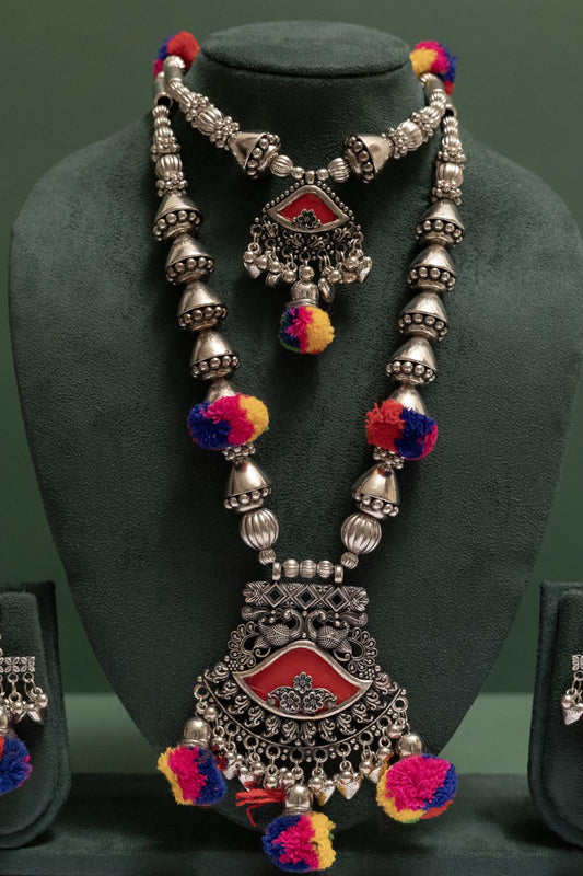 Oxodise Bell Chain Necklace with Dangling Pom Poms