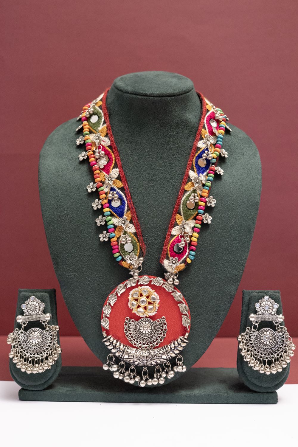 Fabric Floral Leaf Necklace with Round Multicolor Charm