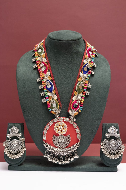 Fabric Floral Leaf Necklace with Round Multicolor Charm