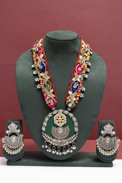 Fabric Floral Leaf Necklace with Round Multicolor Charm