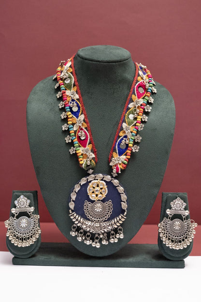 Fabric Floral Leaf Necklace with Round Multicolor Charm