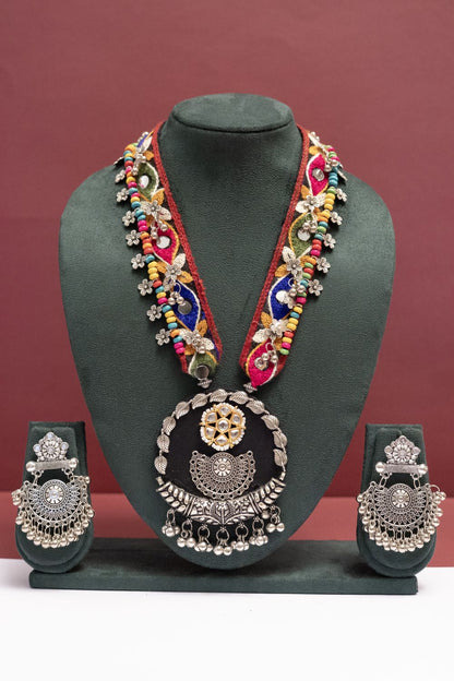 Fabric Floral Leaf Necklace with Round Multicolor Charm
