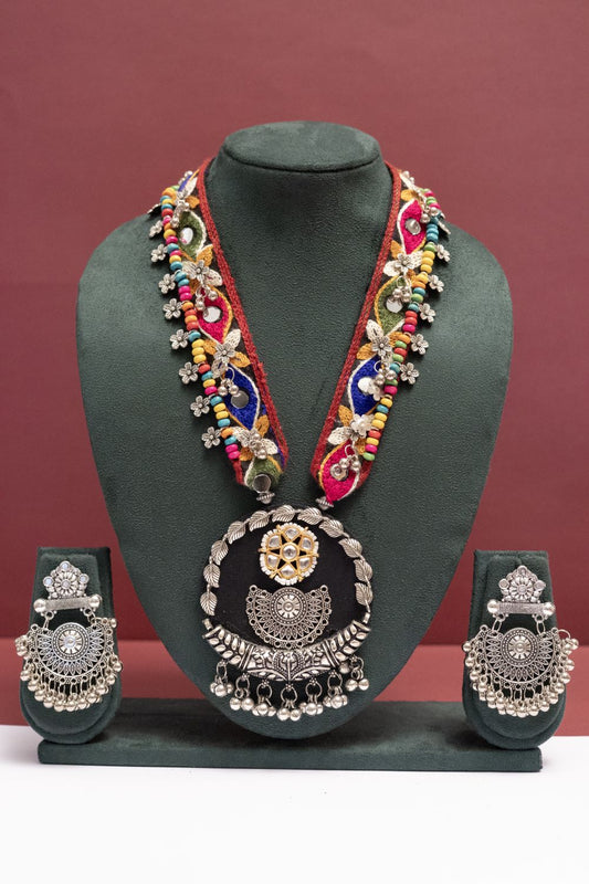 Fabric Floral Leaf Necklace with Round Multicolor Charm