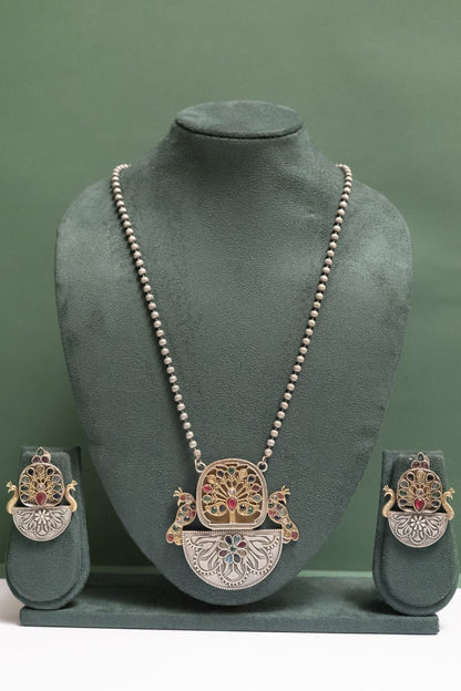 Silver Look-Alike Peacock Motif Necklace with Tree Design
