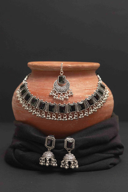 Oxodise Combo Black Stone Choker Necklace with Dangling Beads