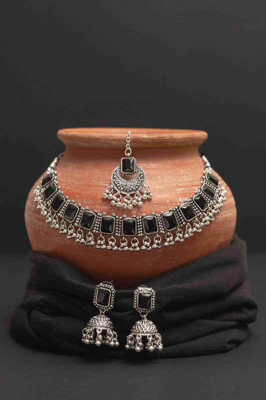 Oxodise Combo Black Stone Choker Necklace with Dangling Beads