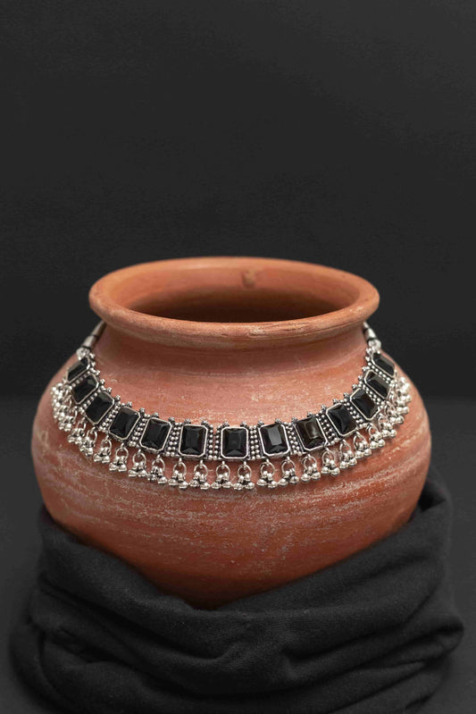 Oxodise Combo Black Stone Choker Necklace with Dangling Beads