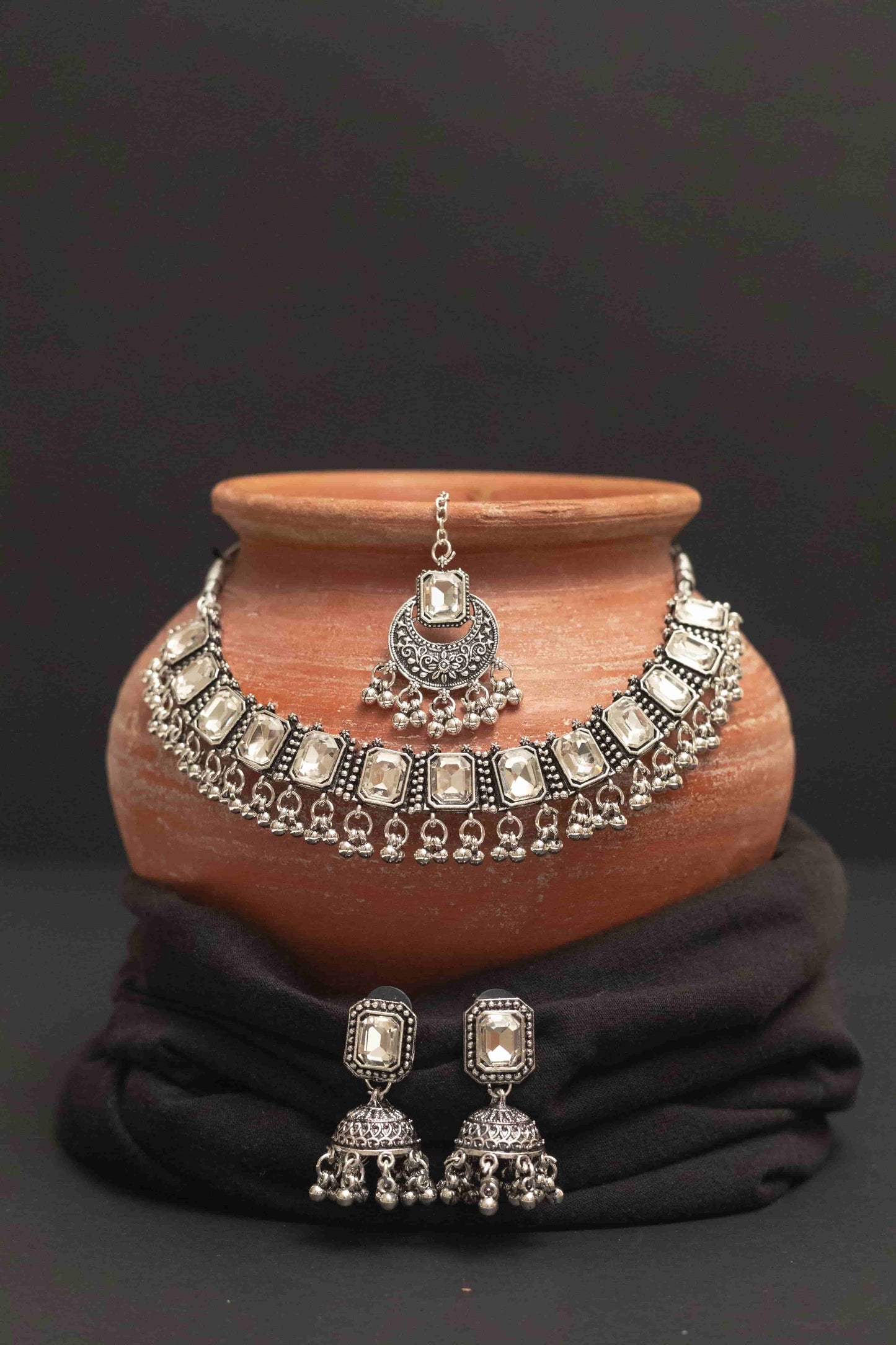 Oxodise Combo White Stone Choker Necklace with Dangling Beads