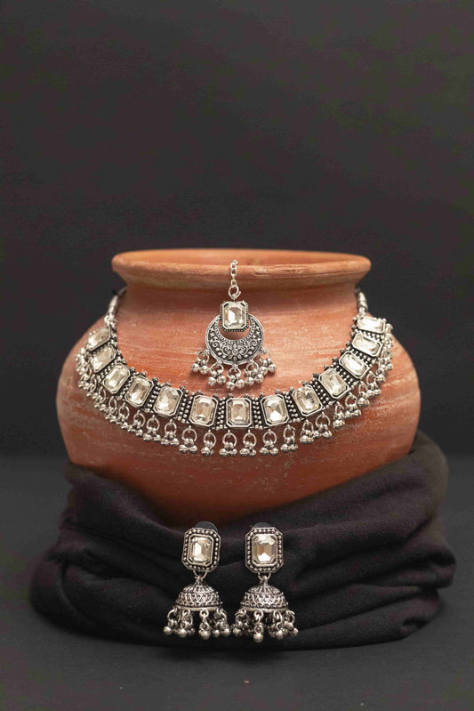 Oxodise Combo White Stone Choker Necklace with Dangling Beads
