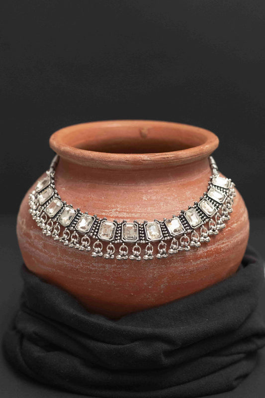 Oxodise Combo White Stone Choker Necklace with Dangling Beads