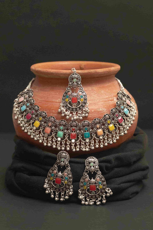 Oxodise Combo Multicolor Square Cabochons Choker Necklace