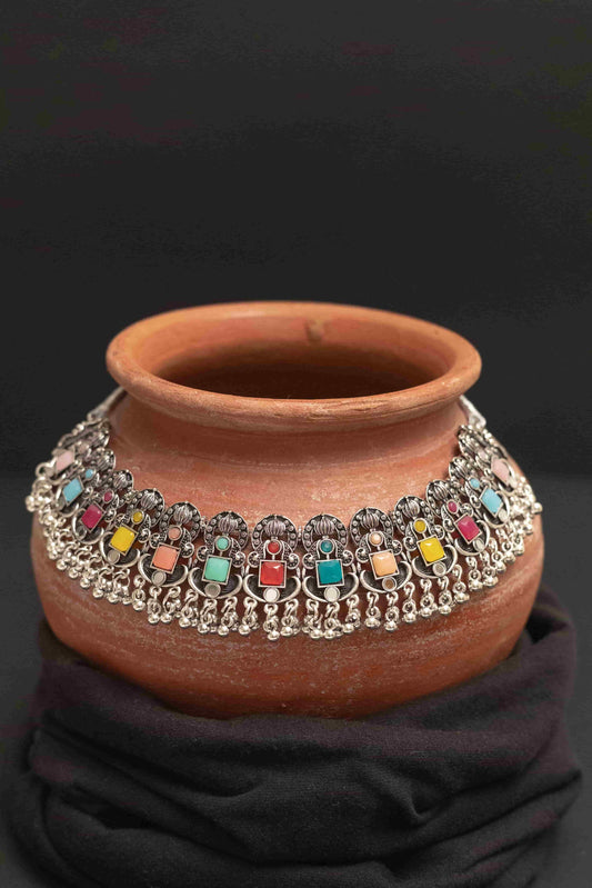 Oxodise Combo Multicolor Square Cabochons Choker Necklace