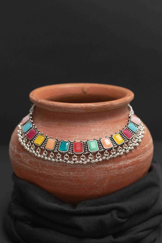 Oxodise Meena Choker Necklace Set with Rectangular Multi-Colored Stones