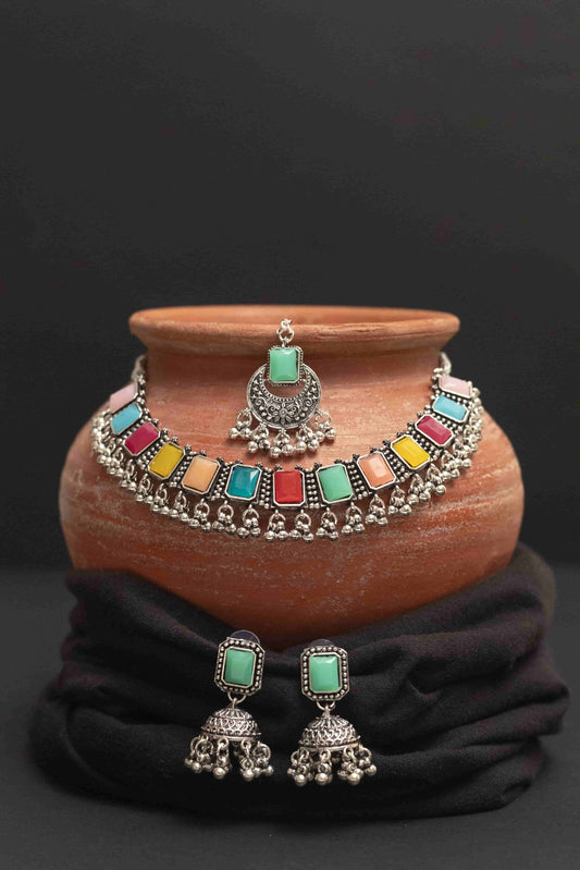 Oxodise Meena Choker Necklace Set with Rectangular Multi-Colored Stones