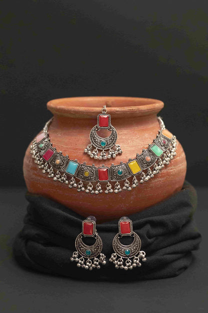 Oxodise Meena Necklace Set with Rectangular Cabochon Stones