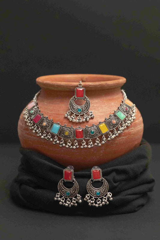 Oxodise Meena Necklace Set with Rectangular Cabochon Stones