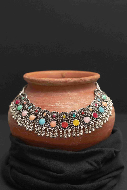 Oxodise Meena Choker Necklace Set with Round Cabochon Stones