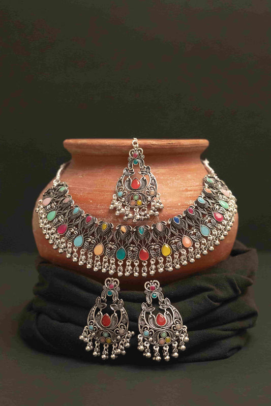 Oxodise Multi-Stone Choker Necklace Set with Jhumka & Tika