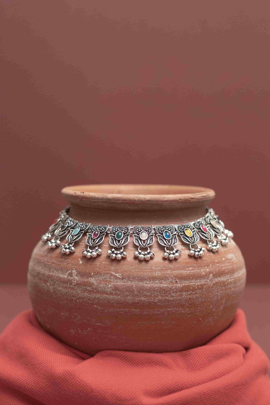 Oxodise Multicolor Rose Choker Necklace with Dangling Beads