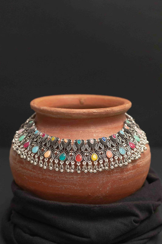 Oxodise Multi-Stone Choker Necklace Set with Jhumka & Tika