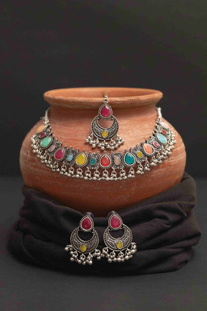 Oxodise Multi-Stone Choker Set with Earrings & Earrings