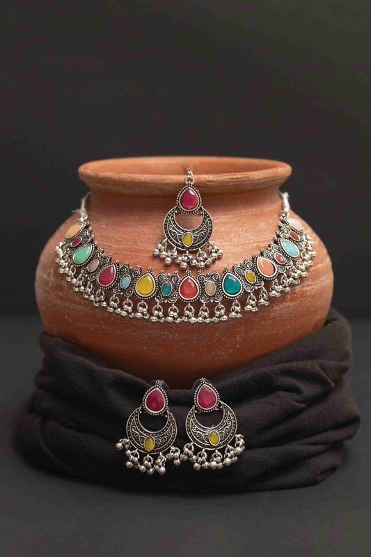 Oxodise Multi-Stone Choker Set with Earrings & Earrings