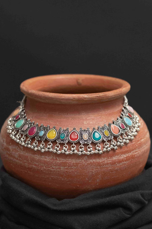 Oxodise Multi-Stone Choker Set with Earrings & Earrings
